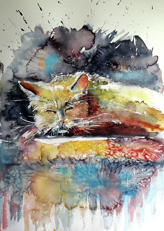 Old cat resting #1 Painting by Kovacs Anna Brigitta
