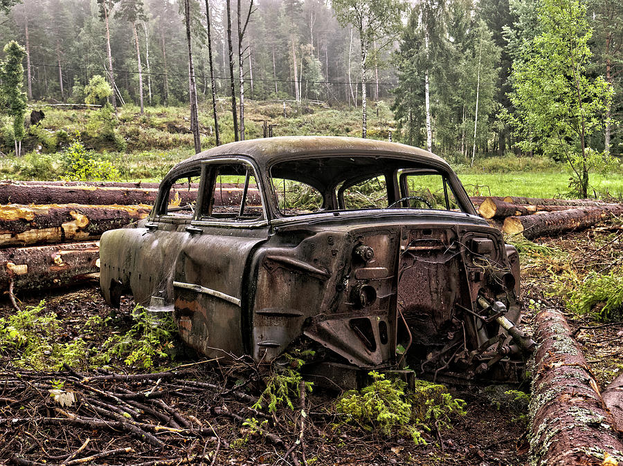 Old Chevrolet in field with logs Photograph by Anders Kustas