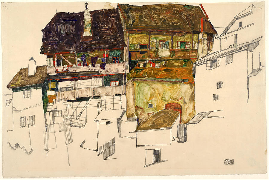Egon Schiele Drawing - Old Houses in Krumau by Egon Schiele