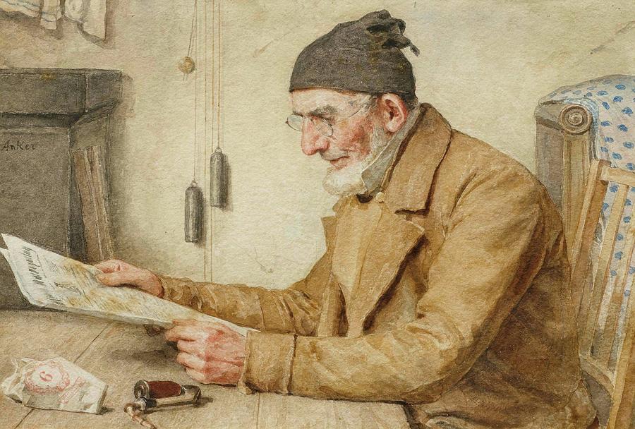 Old man reading the newspaper #1 Painting by Albert
