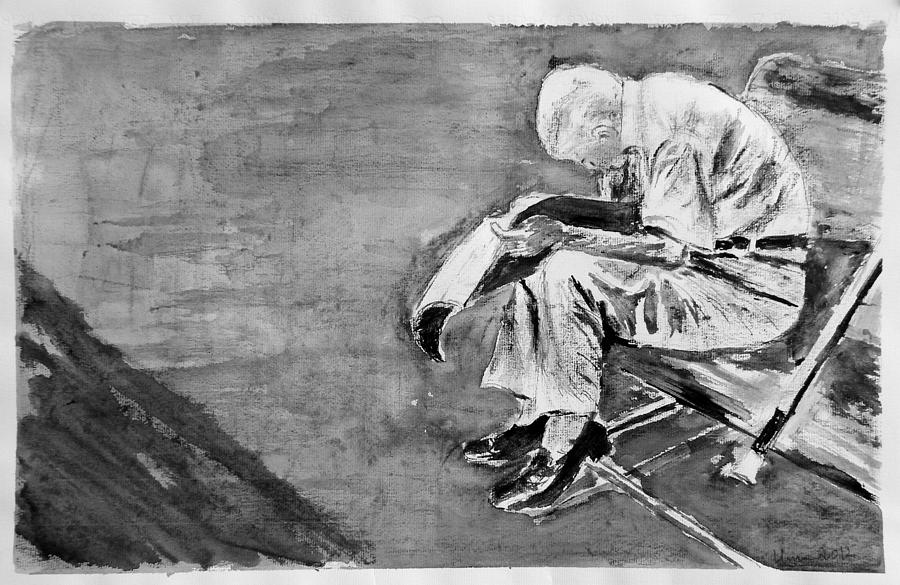 Old Man Reading #2 Drawing by Uma Krishnamoorthy