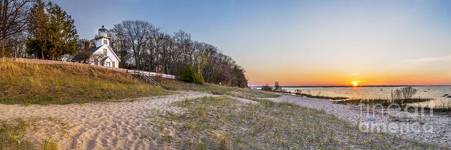 Sunset Photograph - Old Mission Peninsula Lighthouse and Shore #1 by Twenty Two North Photography