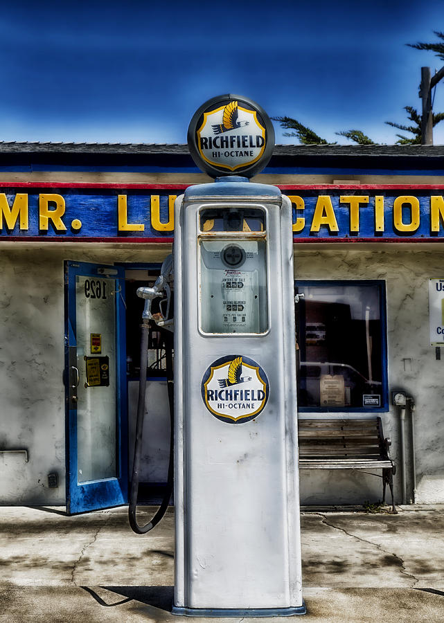Vintage Photograph - Old Mr Lubrication Gas Station - Seaside California #1 by Mountain Dreams