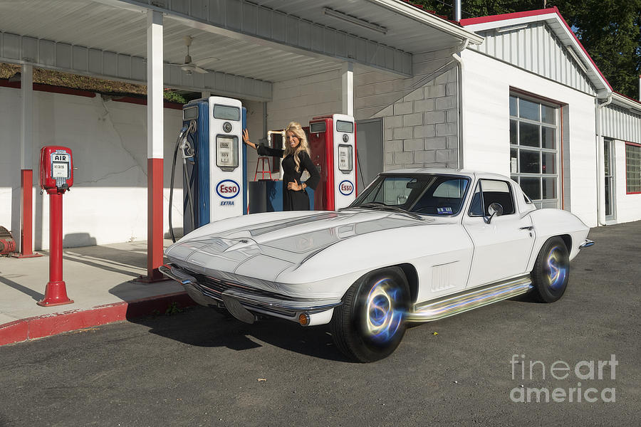 Old time service station with 1967 corvette model Ally Darst #1 Photograph by Dan Friend