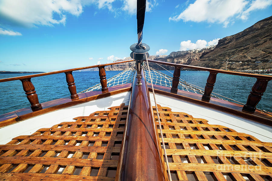 On board view from a traditional ship cruising on Aegean sea next to Santorini island #1 Photograph by Michal Bednarek