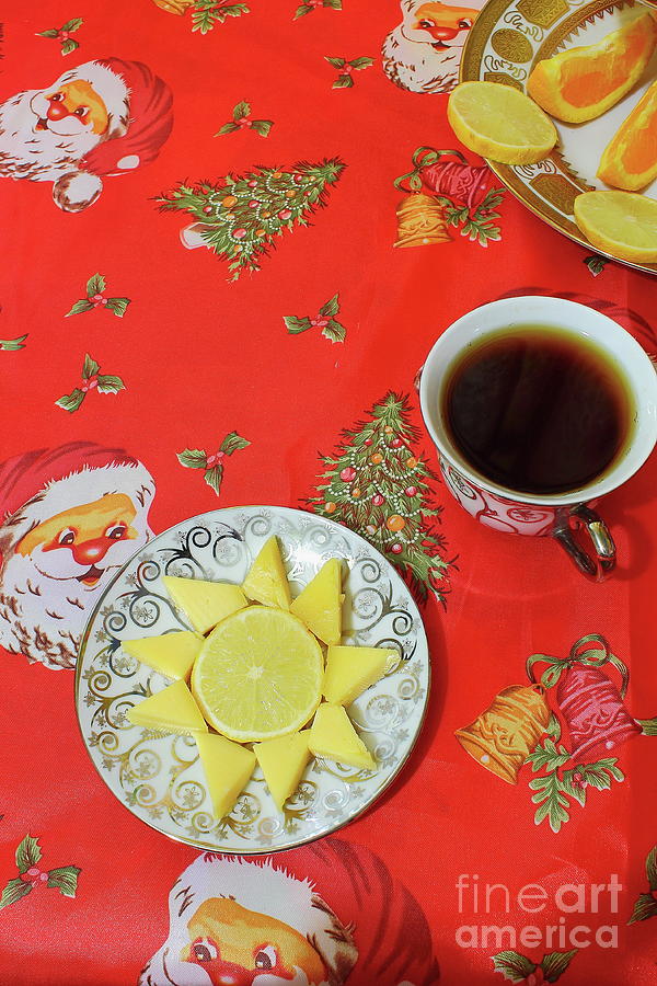 On The Eve Of Christmas. Tea Drinking With Cheese. Photograph