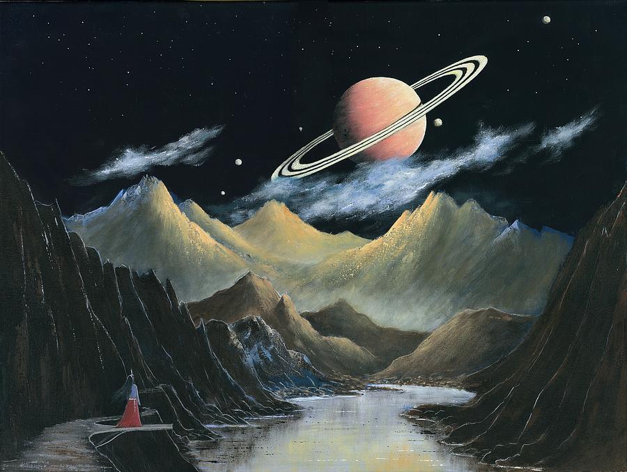 On The Moon Of A Ringed Exoplanet Painting by Suresh Chakravarthy
