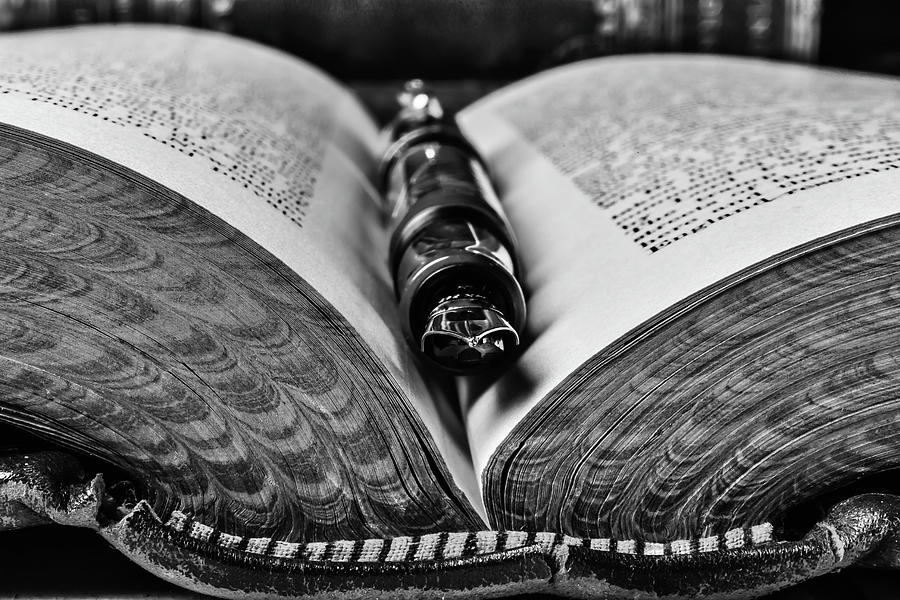 Open Book With Fountain Pen Black And White Photograph by Garry Gay