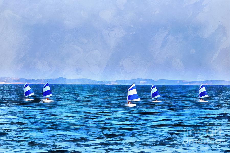 Optimist sailing boats #1 Painting by George Atsametakis