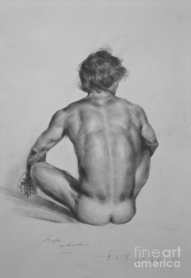 Original Drawing Sketch Charcoal Male Nude Gay Interest  Man Body Art Pencil On Paper -0057 #1 Drawing by Hongtao Huang