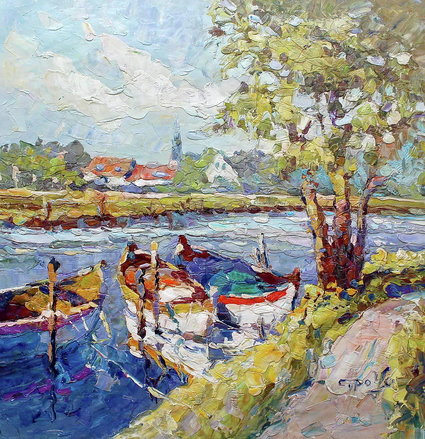 Fishing boats under trees Painting by Royo Liu - Fine Art America