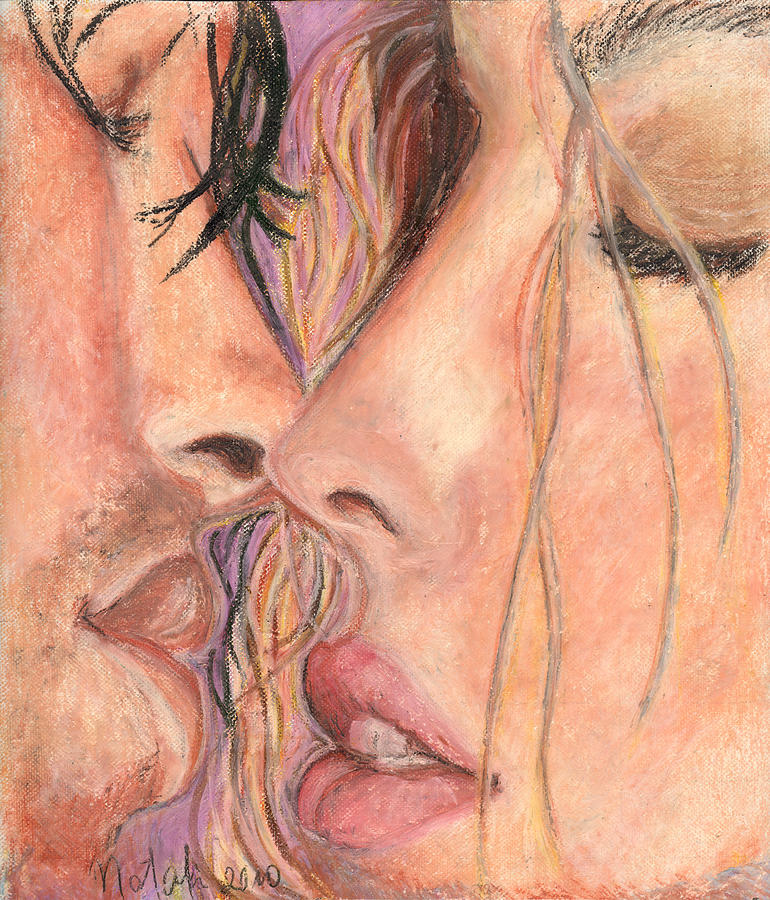 Fantasy Pastel - Original Oil Pastel Beautiful Male and Female Hot Kiss #1 by Natalia Krestianinova