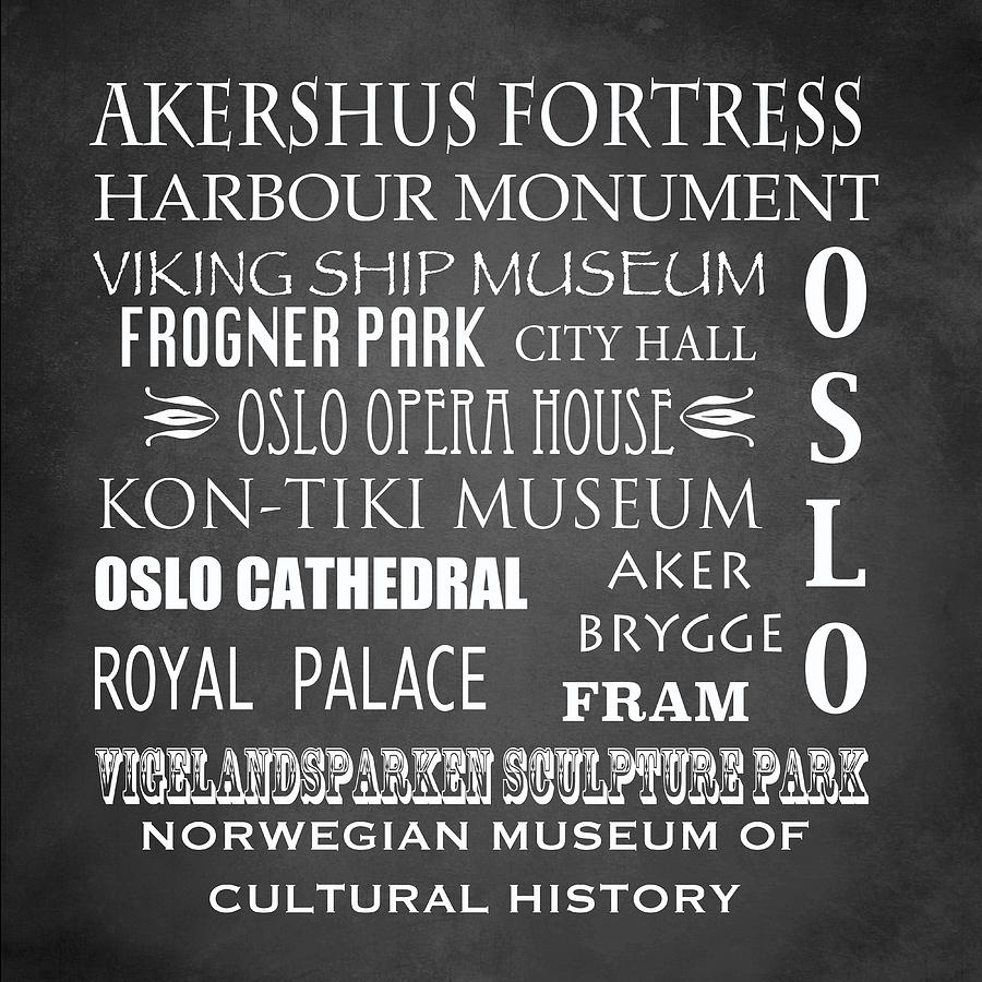 Typography Digital Art - Oslo Famous Landmarks #1 by Patricia Lintner