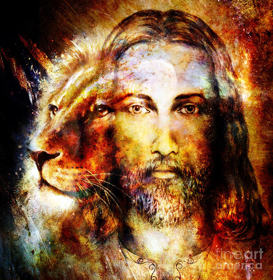painting of Jesus with a lion, on beautiful colorful background ...
