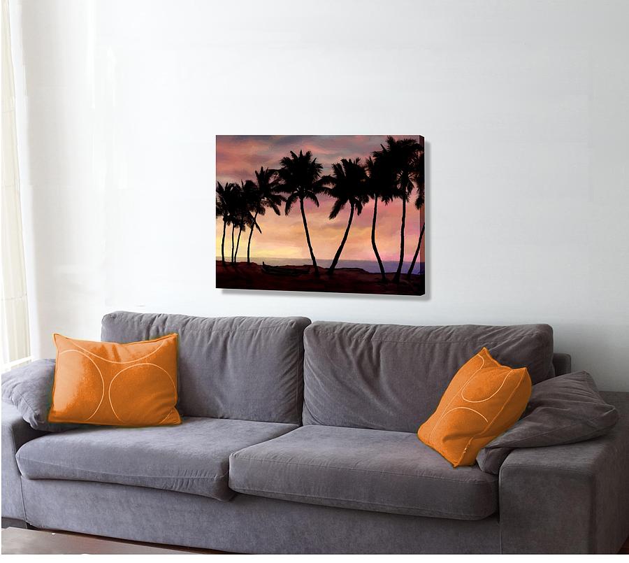 Palm Tree Sunset with Canoe on the wall #1 Digital Art by Stephen Jorgensen