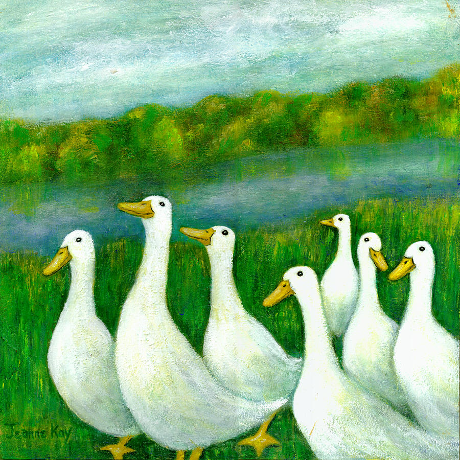 Parade of White Ducks #1 Painting by Jeanne Juhos
