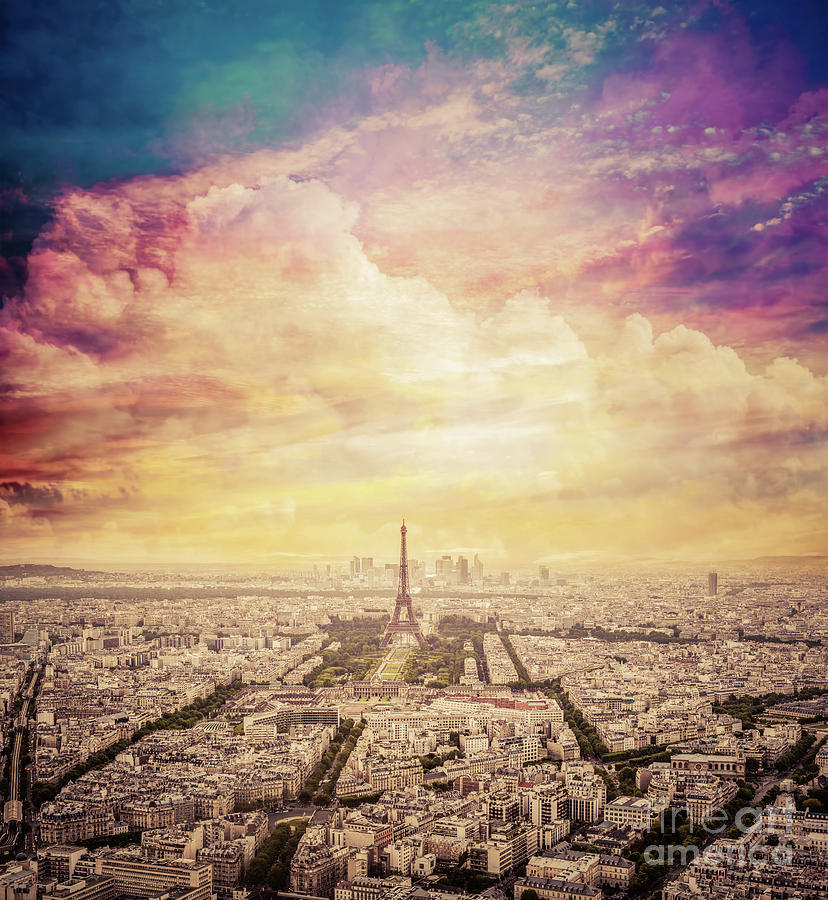 Paris, France Skyline With Fantastic Unique Sunset Sky. Eiffel Tower In Warm Light Photograph