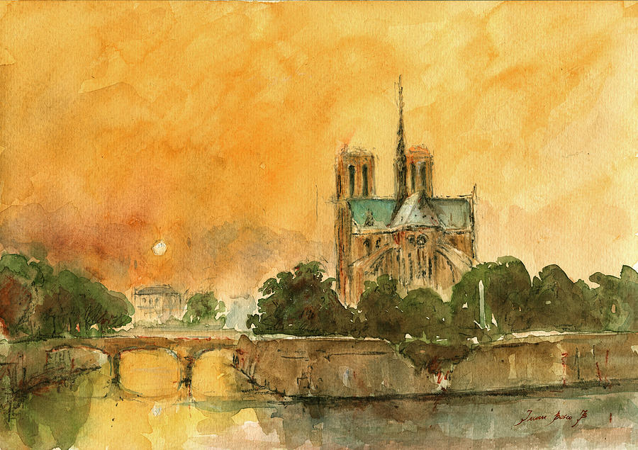 Paris Watercolor Painting - Paris Notre Dame by Juan  Bosco