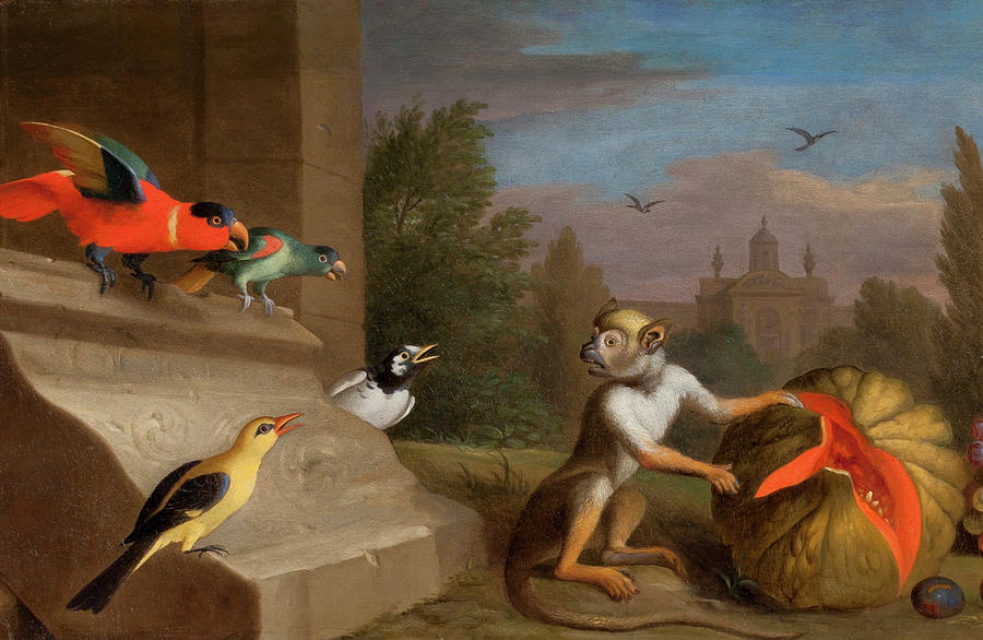 Parrots and monkey #1 Painting by Jacob Bogdani