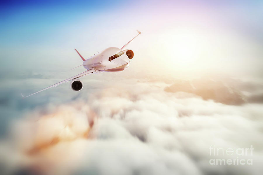 Passenger Airplane Flying At Sunset, Blue Sky. Photograph
