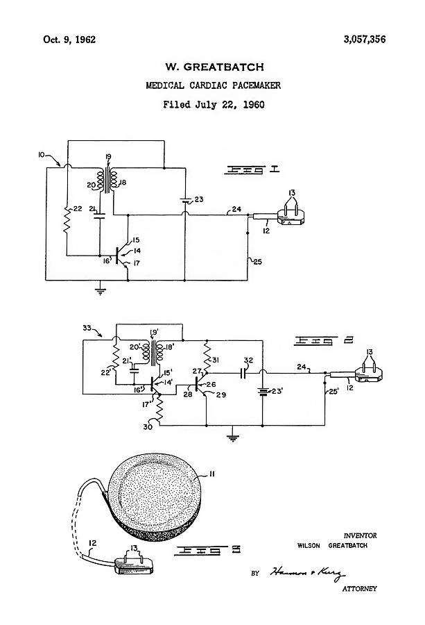 Patent Drawing for the 1960 Medical Cardiac Pacemaker by W. Greatbatch ...