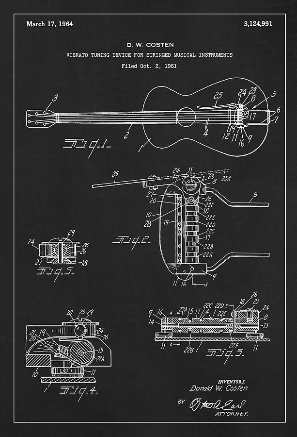 Patent Drawing for the 1961 Vibrato Tuning Device for Stringed Musical