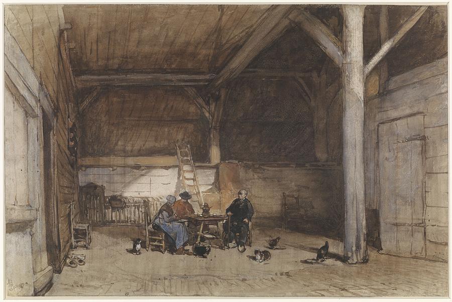 Peasant Interior with two men and a woman at a table, a few more chickens and cats, Johannes Bosboom #1 Painting by Celestial Images