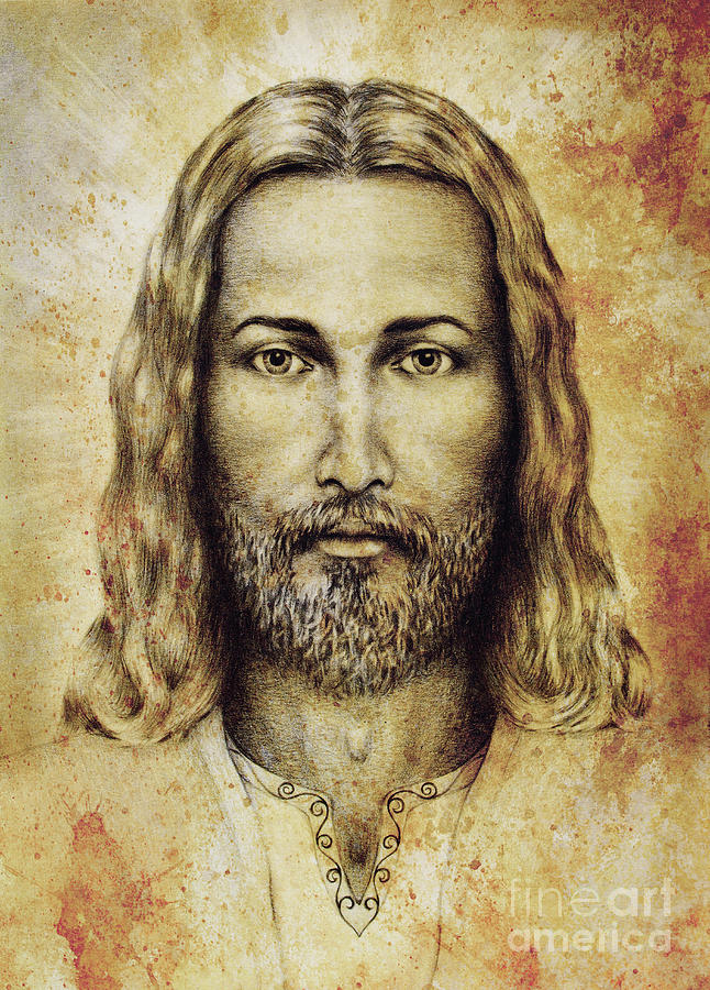 pencils drawing of Jesus on vintage paper. with ornament on clot