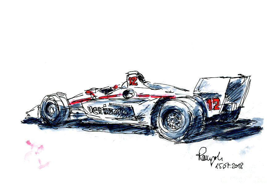 Penske Racing Indycar Ink Drawing and Watercolor Drawing by Frank