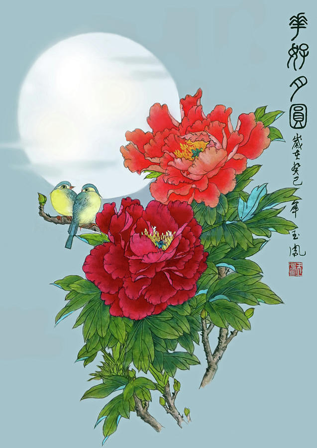 Peonies and Birds #1 Painting by Yufeng Wang