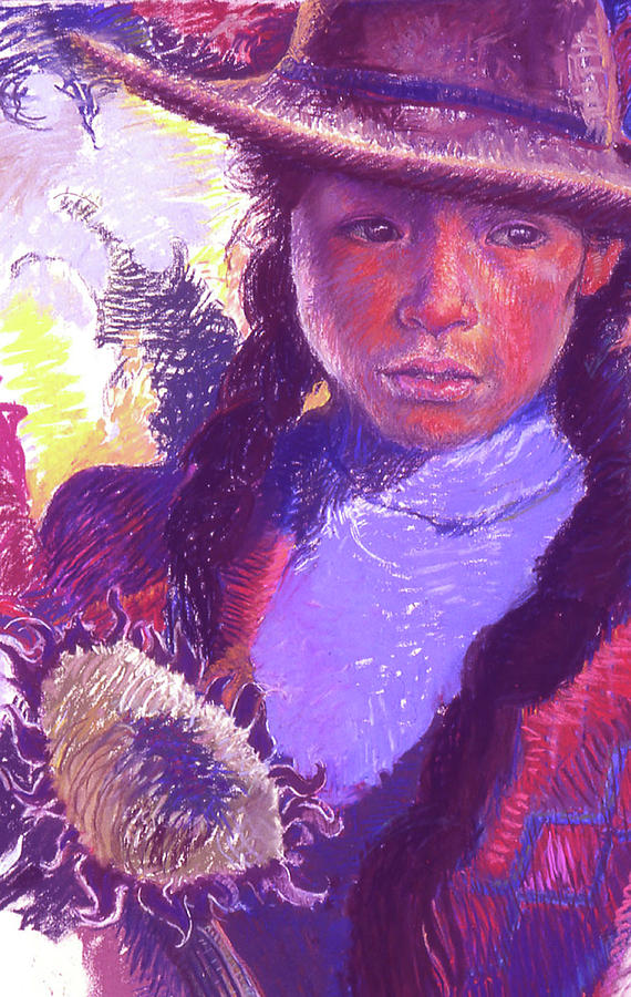 Peruvian Girl with Sunflower #1 Pastel by Ellen Dreibelbis