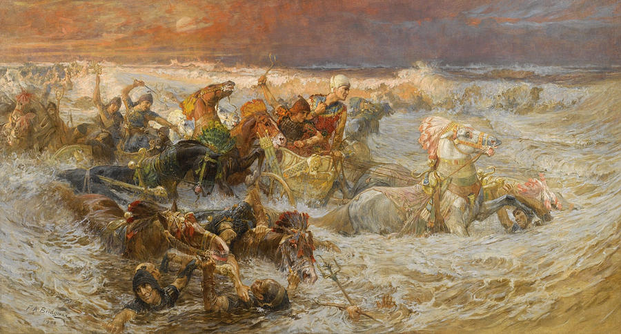Pharaoh and his Army Engulfed by the Red Sea #2 Painting by Frederick Arthur Bridgman