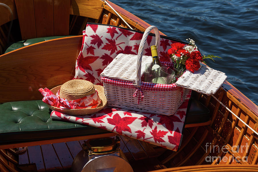 Picnic basket on a wooden boat #2 Photograph by Les Palenik
