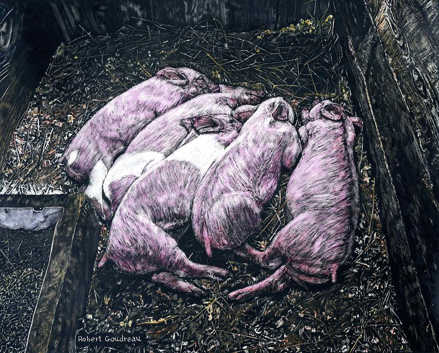 Piglets #1 Painting by Robert Goudreau