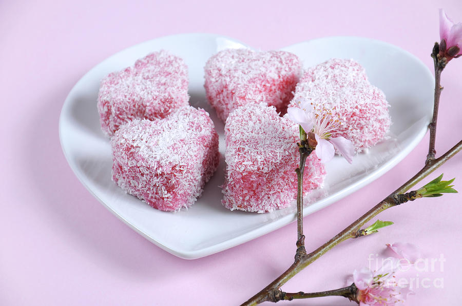 Pink heart shape small lamington cakes #1 Photograph by Milleflore Images