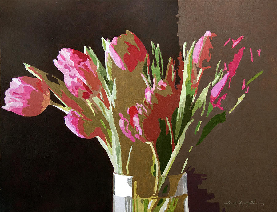 Pink Tulips in Glass Painting by David Lloyd Glover