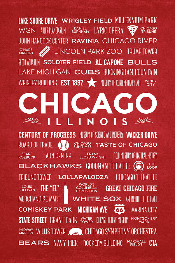 Places of Chicago on Red Chalkboard Digital Art by Christopher Arndt
