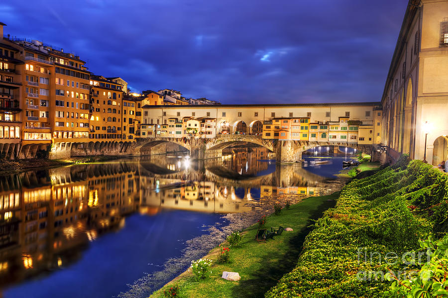 Ponte Vecchio bridge in Florence, Italy. Arno River at night #1 Photograph by Michal Bednarek