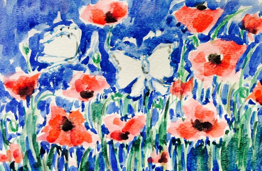 Poppies and butterfly #1 Painting by Hae Kim