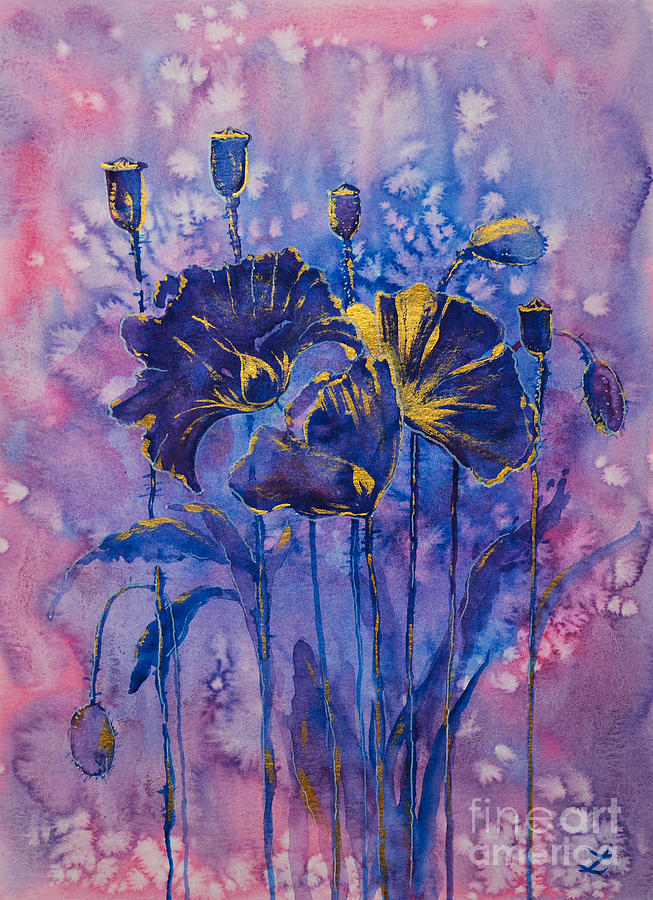 Purple Poppies in Gold Painting by Zaira Dzhaubaeva