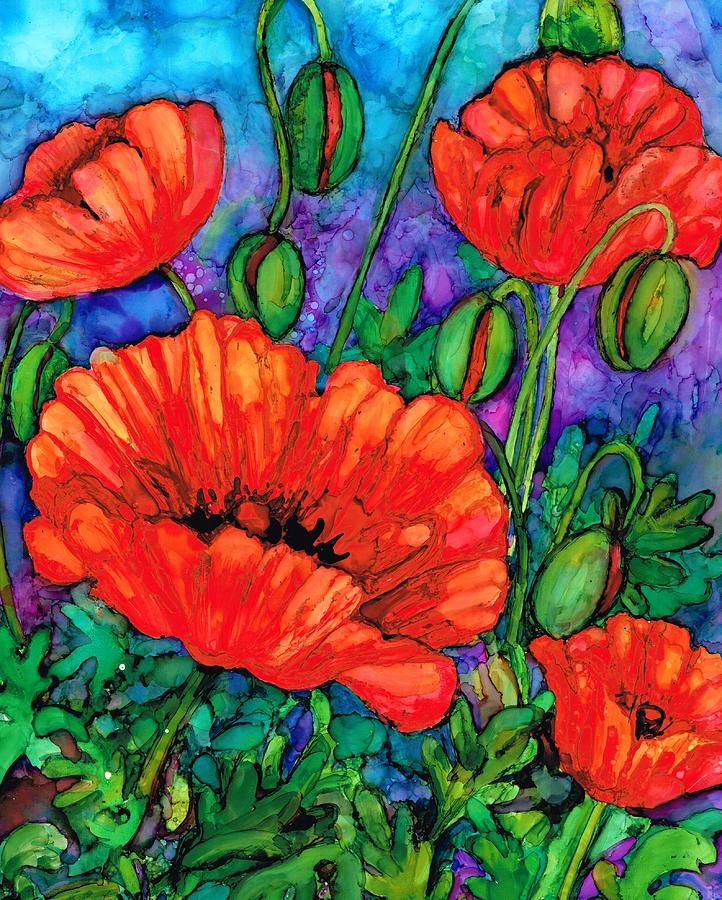 Poppies on Parade #1 Painting by Val Stokes