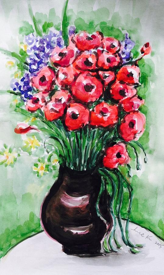 Poppies on vase #1 Painting by Hae Kim
