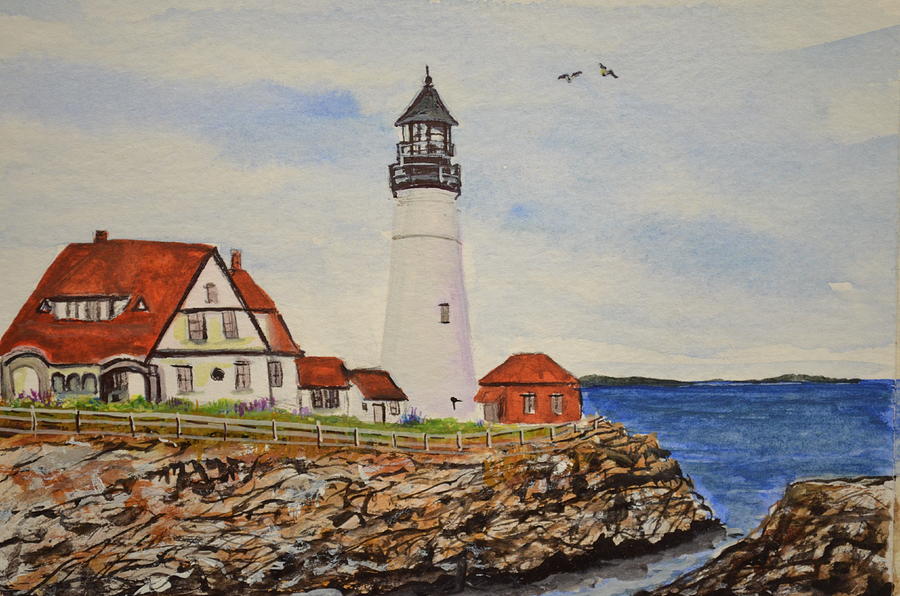 Portland Headlight Painting by Kellie Chasse