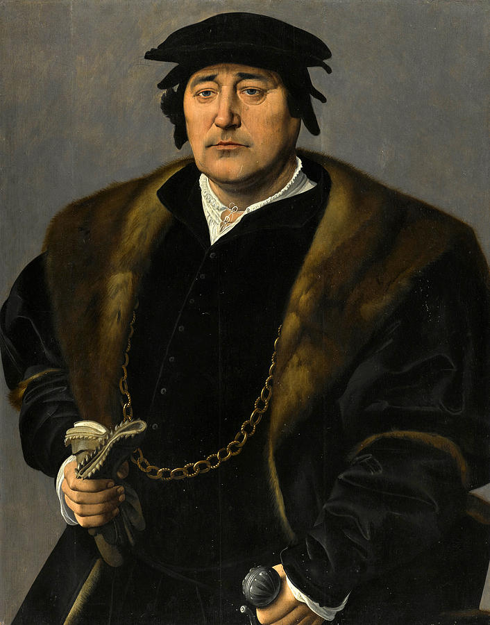 Portrait of a gentleman wearing a fur-lined cloak and a black hat #1 Painting by Jan van Scorel