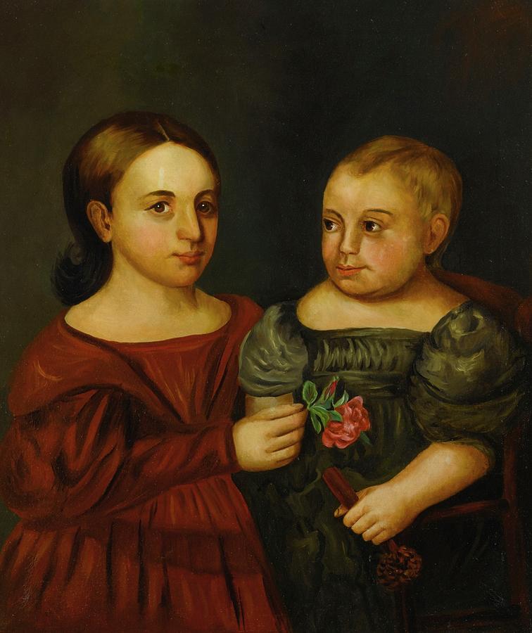 Portrait Of A Girl In A Red Dress Holding A Rose And A Boy In A Gray Dress #1 Painting by MotionAge Designs