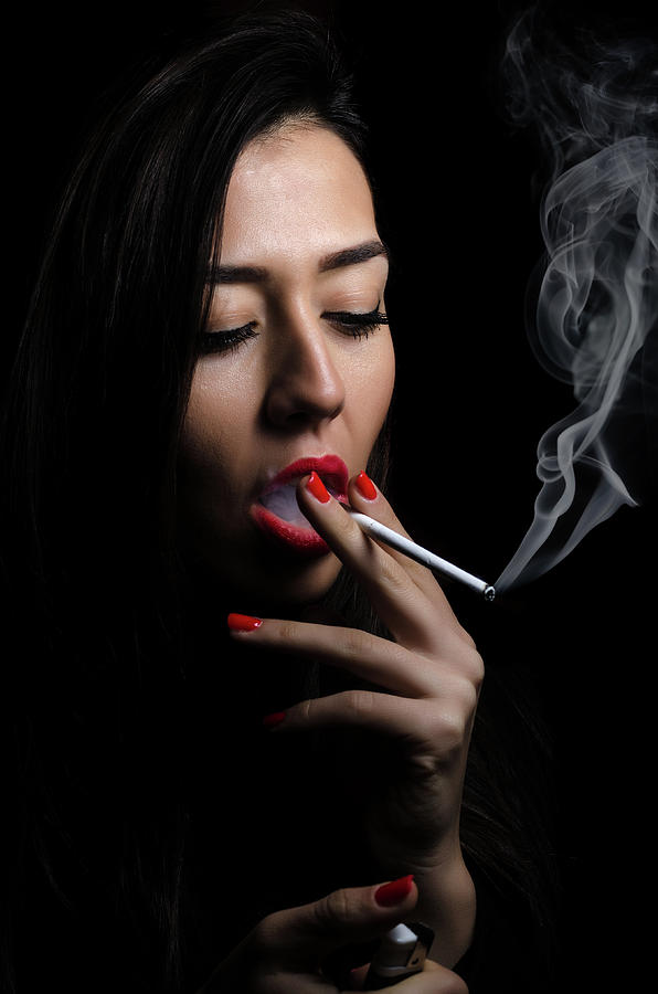 Portrait Of The Beautiful Elegant Girl Smoking Cigarette On Black Background Photograph By Ivan