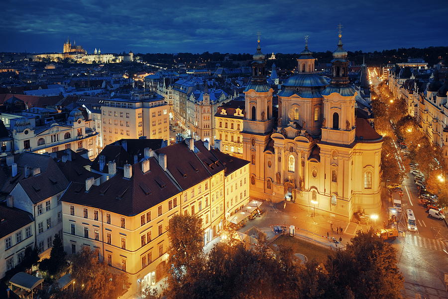 Prague skyline rooftop view at night #1 Photograph by Songquan Deng