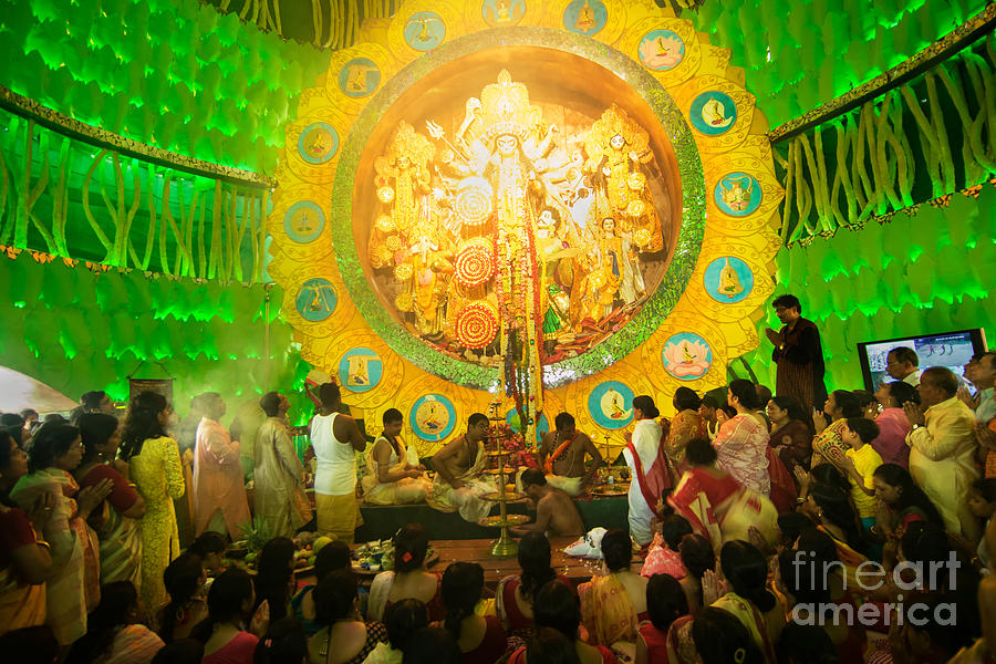 Holiday Photograph - Priests praying to Goddess Durga Durga Puja festival celebration Kolkata India #1 by Rudra Narayan  Mitra