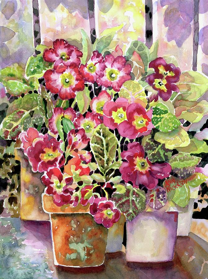 Primroses In Pots #1 Painting by Ann Nicholson