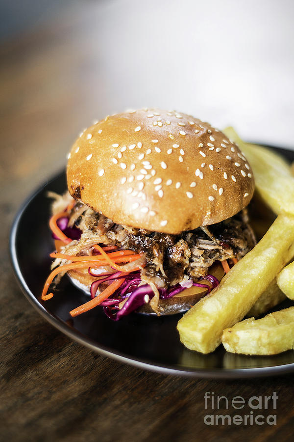 Pulled Pork And Coleslaw Salad Burger Sandwich With Fries Meal #1 Photograph by JM Travel Photography